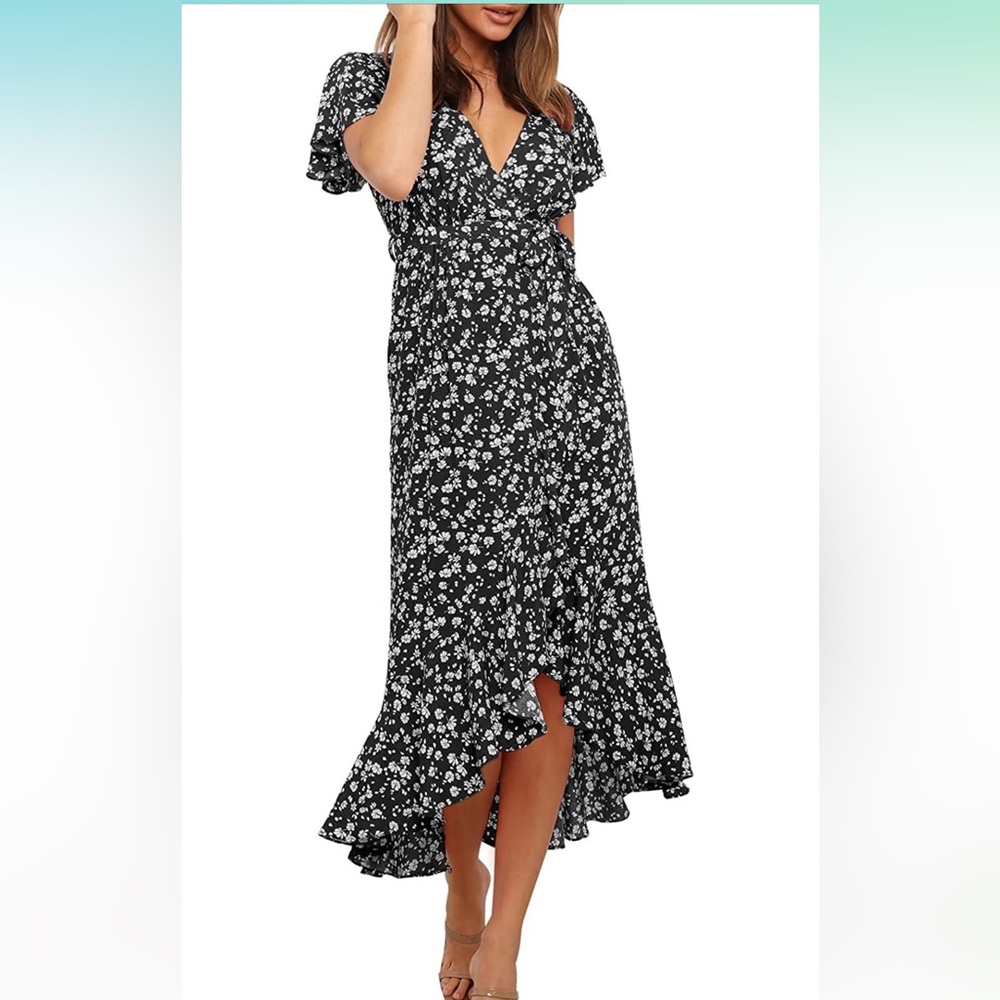 New Summer Bohemian Floral Wrap V Neck midi dress